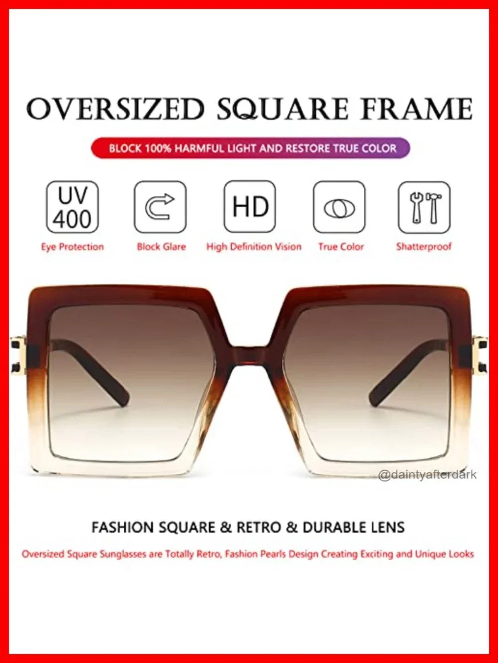Oversized Square Sunglasses UV400 Protection Retro Design